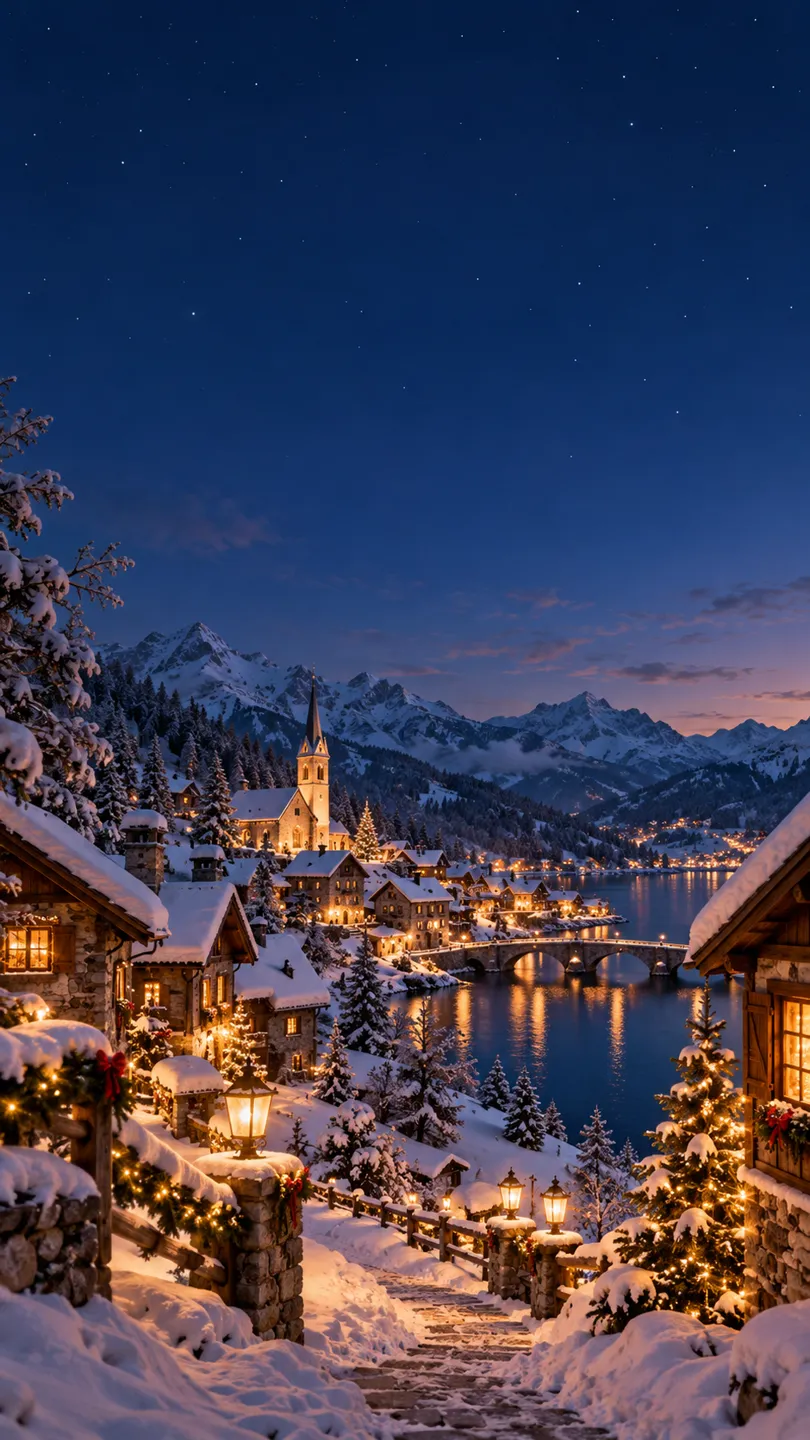 Snowy village phone wallpaper logo example